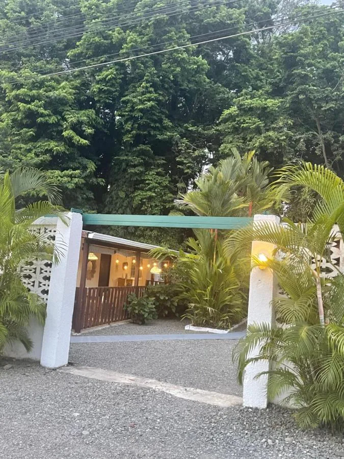La entrada del hotel desde la calle: dos columnas blancas con un farol, una viga verde y palmeras, con el bosque detrás.